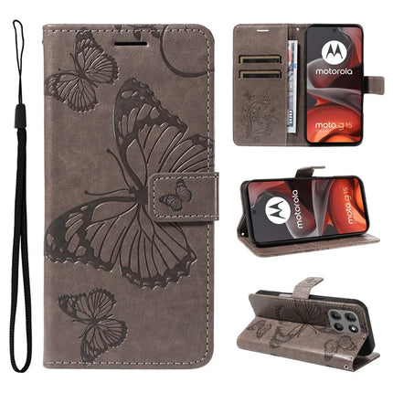 For Motorola Moto G15 4G Wallet Case Floral Butterfly Imprinted Leather Phone Cover Stand - Grey