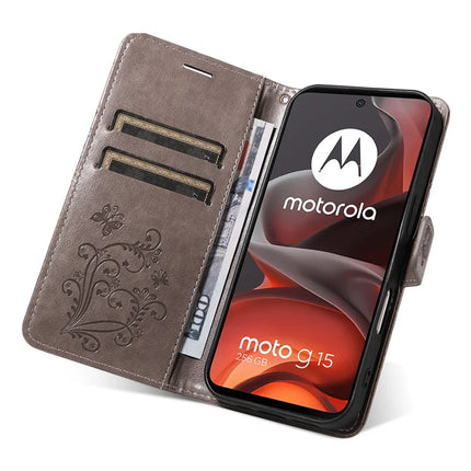 For Motorola Moto G15 4G Wallet Case Floral Butterfly Imprinted Leather Phone Cover Stand