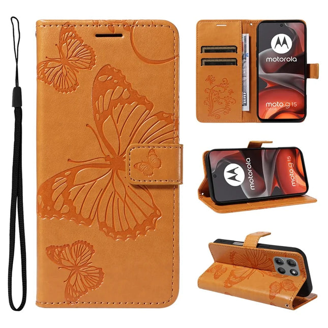 For Motorola Moto G15 4G Wallet Case Floral Butterfly Imprinted Leather Phone Cover Stand -  Yellow