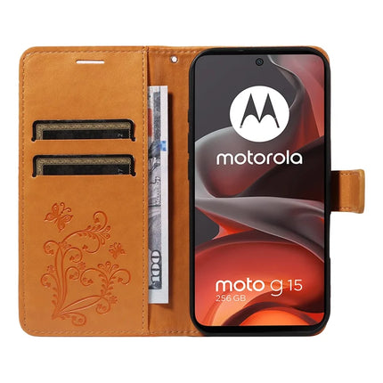 For Motorola Moto G15 4G Wallet Case Floral Butterfly Imprinted Leather Phone Cover Stand -  Yellow