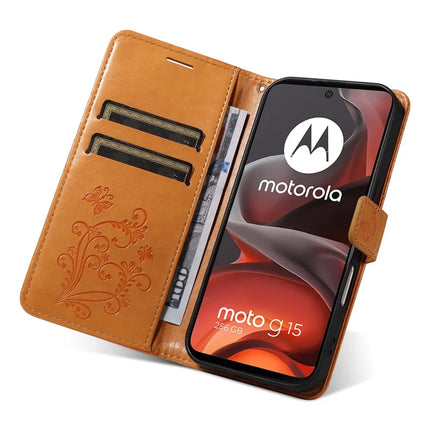 For Motorola Moto G15 4G Wallet Case Floral Butterfly Imprinted Leather Phone Cover Stand -  Yellow
