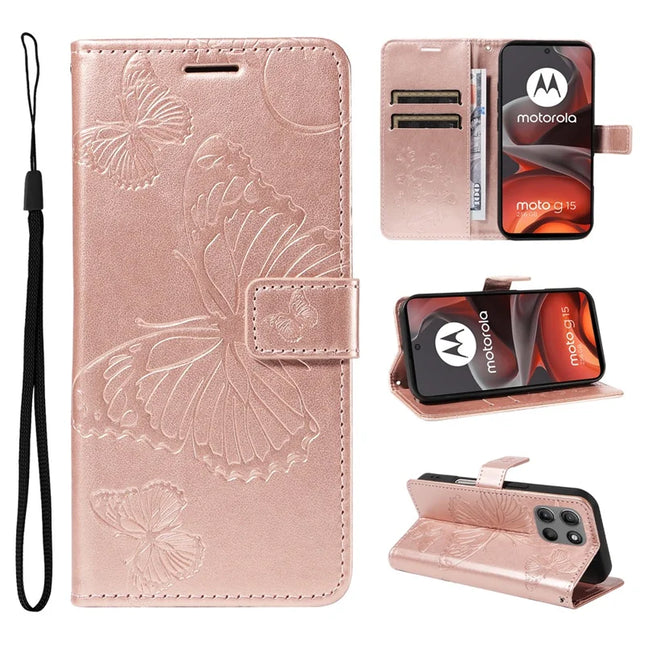 For Motorola Moto G15 4G Wallet Case Floral Butterfly Imprinted Leather Phone Cover Stand -  Rose Gold