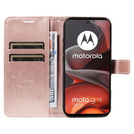 For Motorola Moto G15 4G Wallet Case Floral Butterfly Imprinted Leather Phone Cover Stand -  Rose Gold