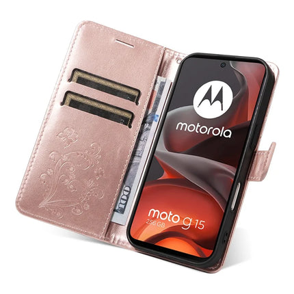 For Motorola Moto G15 4G Wallet Case Floral Butterfly Imprinted Leather Phone Cover Stand -  Rose Gold