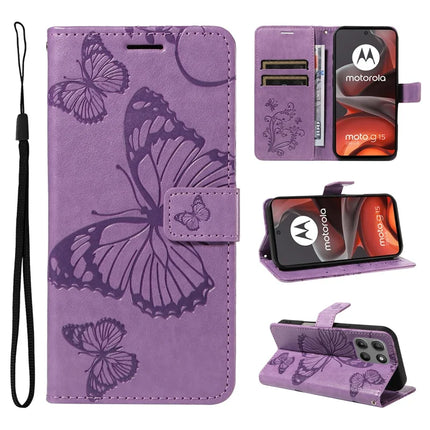 For Motorola Moto G15 4G Wallet Case Floral Butterfly Imprinted Leather Phone Cover Stand - Light Purple