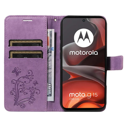 For Motorola Moto G15 4G Wallet Case Floral Butterfly Imprinted Leather Phone Cover Stand