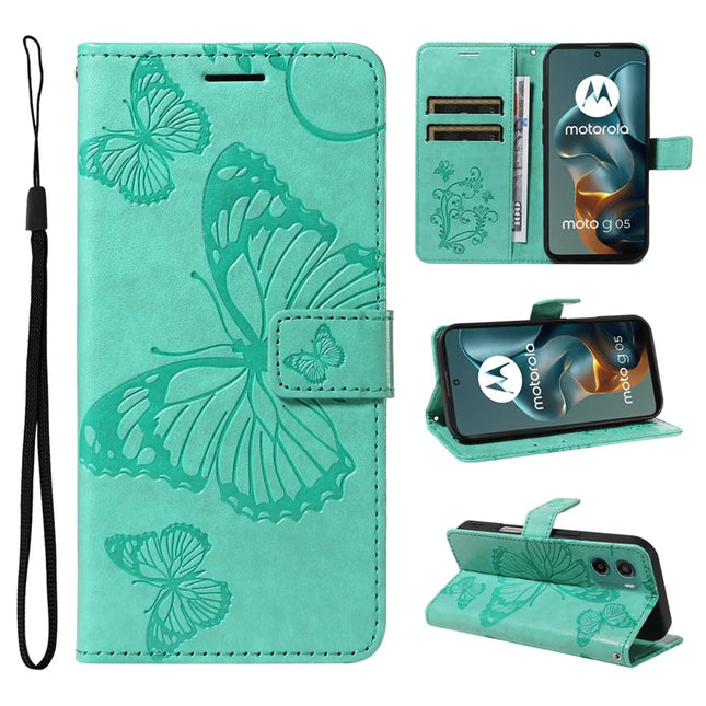 For Motorola Moto G05 4G Wallet Case Floral Butterfly Imprinted Leather Phone Cover Stand -  Green