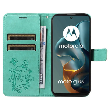 For Motorola Moto G05 4G Wallet Case Floral Butterfly Imprinted Leather Phone Cover Stand -  Green