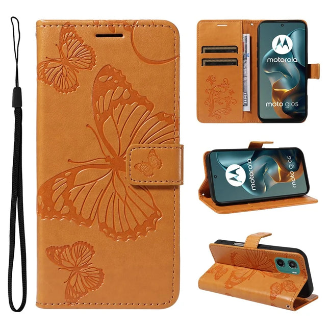 For Motorola Moto G05 4G Wallet Case Floral Butterfly Imprinted Leather Phone Cover Stand -  Yellow