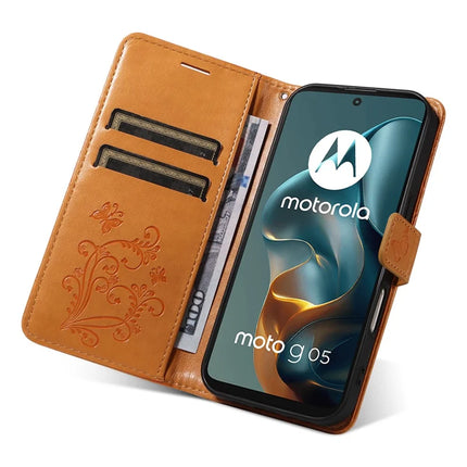 For Motorola Moto G05 4G Wallet Case Floral Butterfly Imprinted Leather Phone Cover Stand -  Yellow