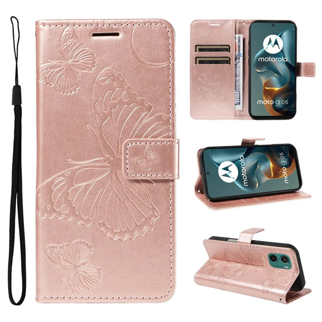 For Motorola Moto G05 4G Wallet Case Floral Butterfly Imprinted Leather Phone Cover Stand -  Rose Gold
