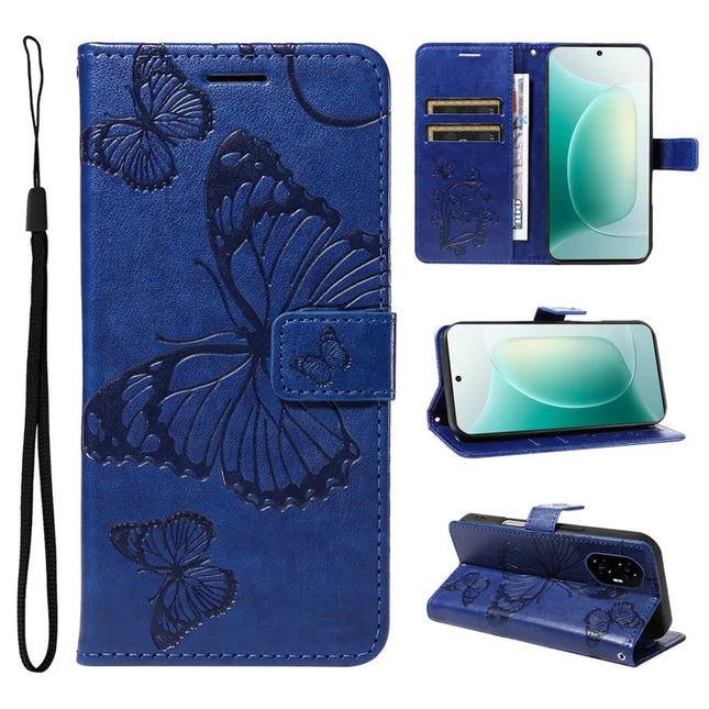 For Honor 300 Wallet Case Floral Butterfly Imprinted Leather Phone Cover Stand - Blue