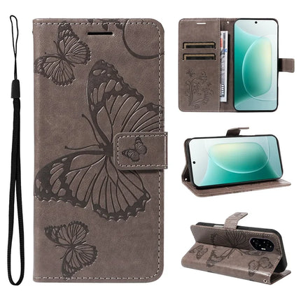 For Honor 300 Wallet Case Floral Butterfly Imprinted Leather Phone Cover Stand - Grey