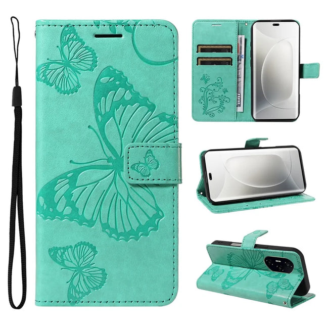For Honor 300 Ultra / Honor 300 Pro Wallet Case Floral Butterfly Imprinted Leather Phone Cover Stand -  Green