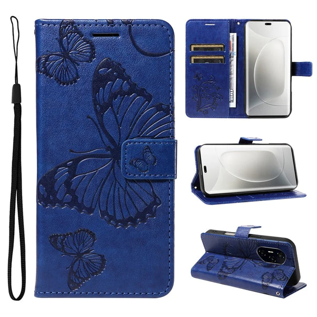 For Honor 300 Ultra / Honor 300 Pro Wallet Case Floral Butterfly Imprinted Leather Phone Cover Stand - Blue
