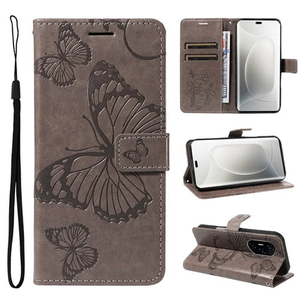 For Honor 300 Ultra / Honor 300 Pro Wallet Case Floral Butterfly Imprinted Leather Phone Cover Stand - Grey