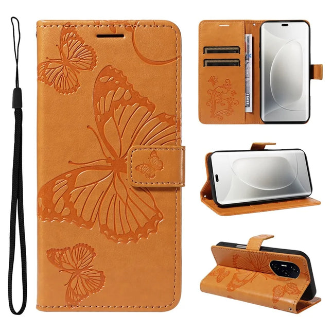 For Honor 300 Ultra / Honor 300 Pro Wallet Case Floral Butterfly Imprinted Leather Phone Cover Stand -  Yellow