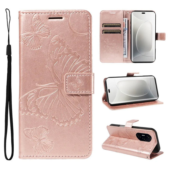 For Honor 300 Ultra / Honor 300 Pro Wallet Case Floral Butterfly Imprinted Leather Phone Cover Stand -  Rose Gold
