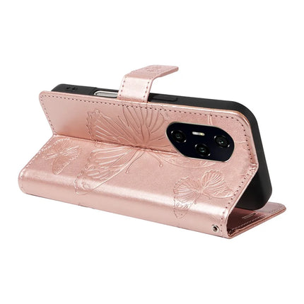 For Honor 300 Ultra / Honor 300 Pro Wallet Case Floral Butterfly Imprinted Leather Phone Cover Stand -  Rose Gold