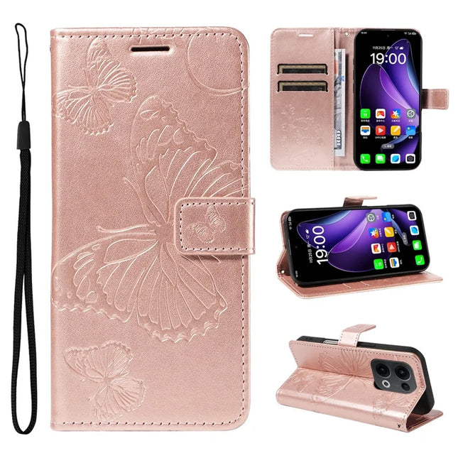 For Oppo Reno13 5G (Global) Wallet Case Floral Butterfly Imprinted Leather Phone Cover Stand -  Rose Gold