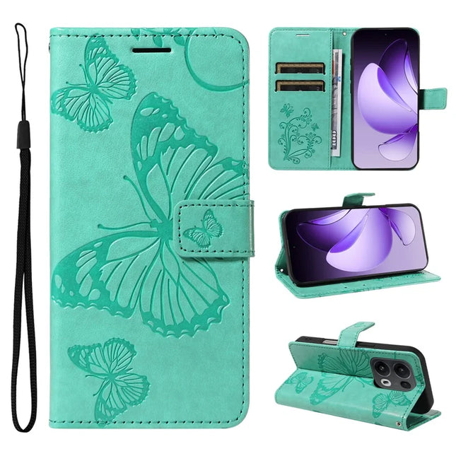 For Oppo Reno13 Pro 5G Wallet Case Floral Butterfly Imprinted Leather Phone Cover Stand -  Green