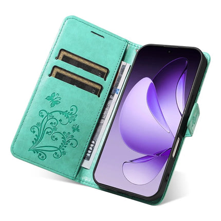 For Oppo Reno13 Pro 5G Wallet Case Floral Butterfly Imprinted Leather Phone Cover Stand -  Green