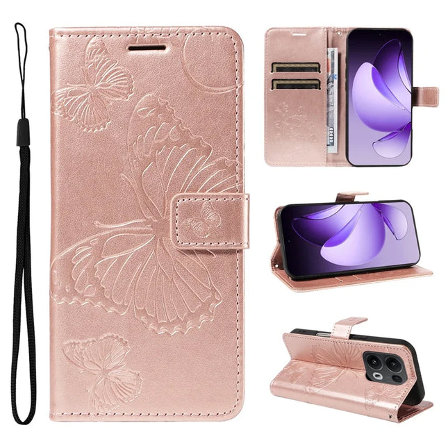 For Oppo Reno13 Pro 5G Wallet Case Floral Butterfly Imprinted Leather Phone Cover Stand -  Rose Gold