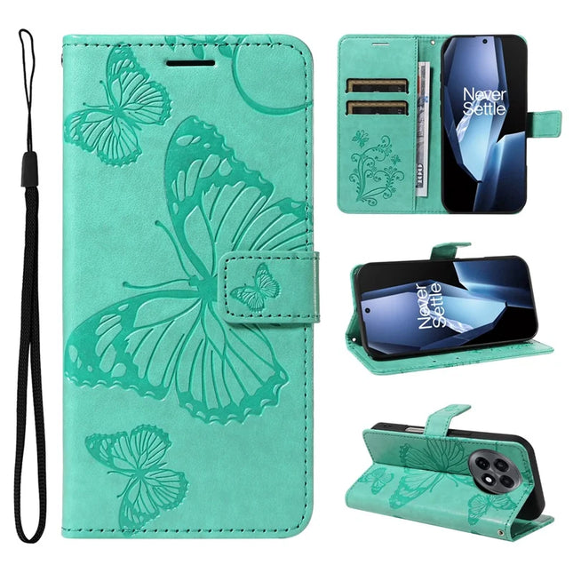 For OnePlus 13R 5G Wallet Case Floral Butterfly Imprinted Leather Phone Cover Stand -  Green