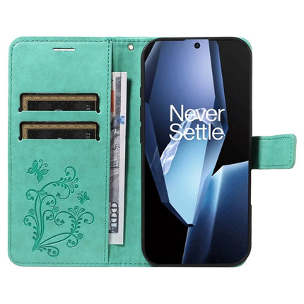 For OnePlus 13R 5G Wallet Case Floral Butterfly Imprinted Leather Phone Cover Stand -  Green