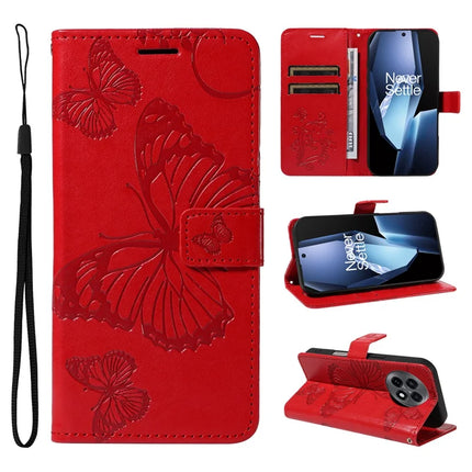 For OnePlus 13R 5G Wallet Case Floral Butterfly Imprinted Leather Phone Cover Stand - Red