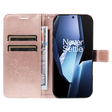 For OnePlus 13R 5G Wallet Case Floral Butterfly Imprinted Leather Phone Cover Stand -  Rose Gold