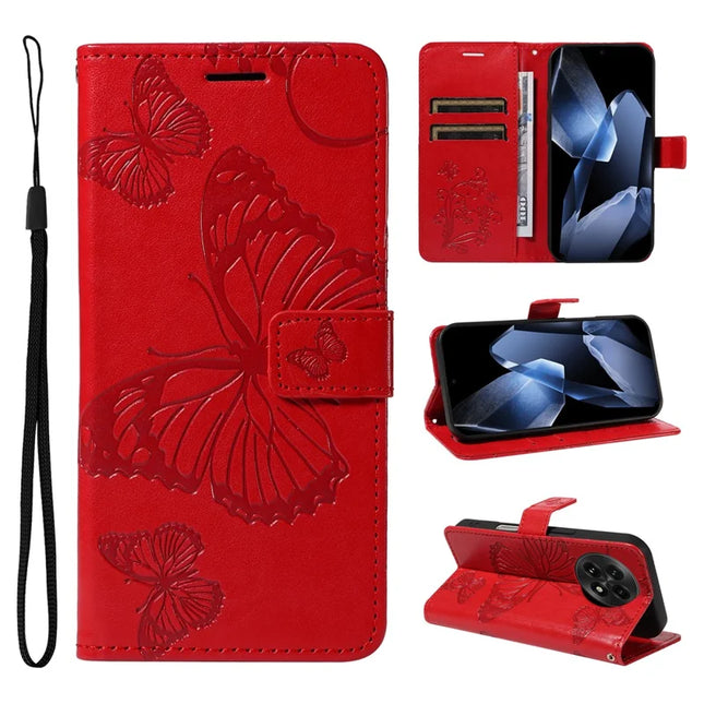 For OnePlus 13 Wallet Case Floral Butterfly Imprinted Leather Phone Cover Stand - Red