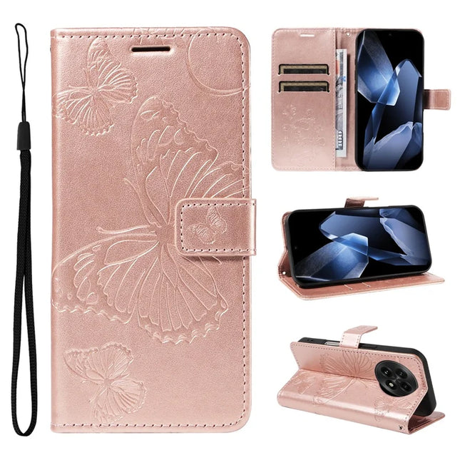For OnePlus 13 Wallet Case Floral Butterfly Imprinted Leather Phone Cover Stand -  Rose Gold