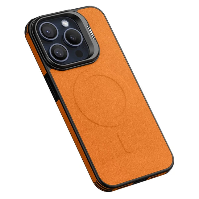 For iPhone 16 Pro Max Magnetic Case with Lens Kickstand Leather Phone Back Cover - Orange