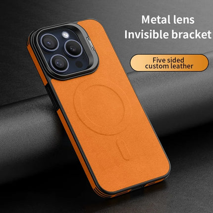 For iPhone 16 Pro Max Magnetic Case with Lens Kickstand Leather Phone Back Cover