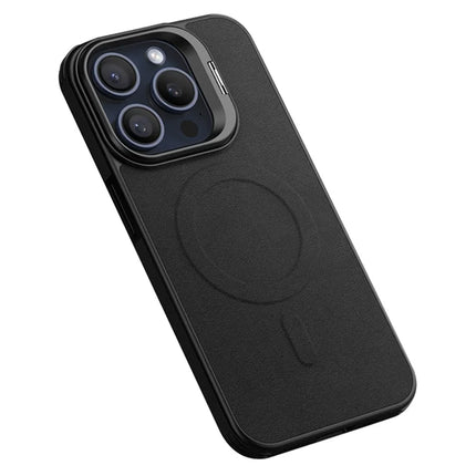 For iPhone 16 Pro Max Magnetic Case with Lens Kickstand Leather Phone Back Cover - Black