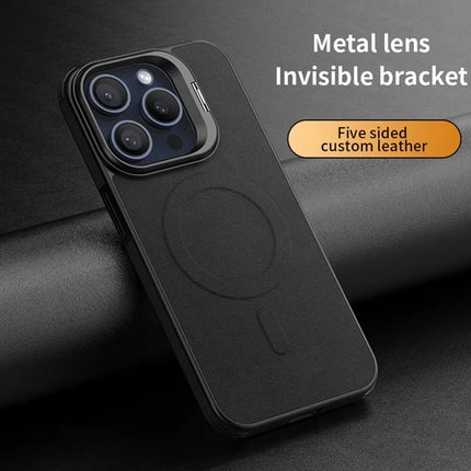 For iPhone 16 Pro Max Magnetic Case with Lens Kickstand Leather Phone Back Cover