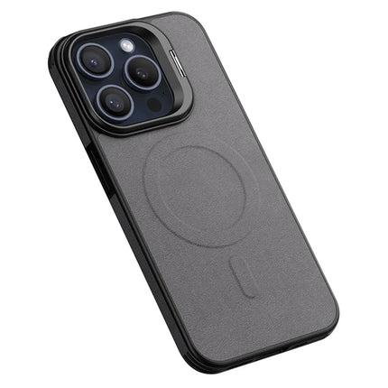 For iPhone 16 Pro Max Magnetic Case with Lens Kickstand Leather Phone Back Cover - Grey
