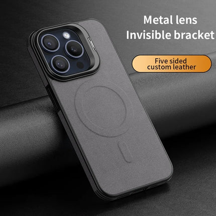 For iPhone 16 Pro Max Magnetic Case with Lens Kickstand Leather Phone Back Cover