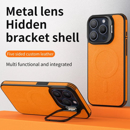 For iPhone 16 Pro Max Magnetic Case with Lens Kickstand Leather Phone Back Cover