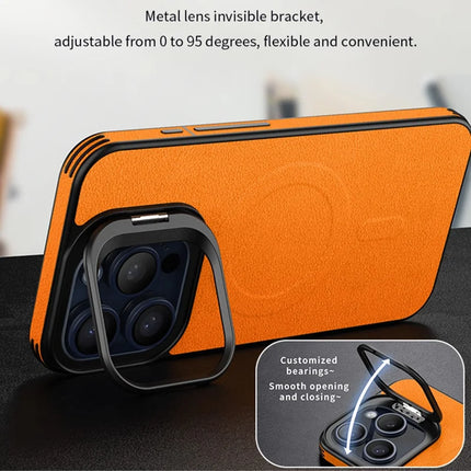 For iPhone 16 Pro Max Magnetic Case with Lens Kickstand Leather Phone Back Cover