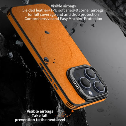 For iPhone 16 Pro Max Magnetic Case with Lens Kickstand Leather Phone Back Cover