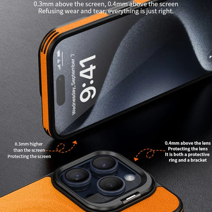 For iPhone 16 Pro Max Magnetic Case with Lens Kickstand Leather Phone Back Cover