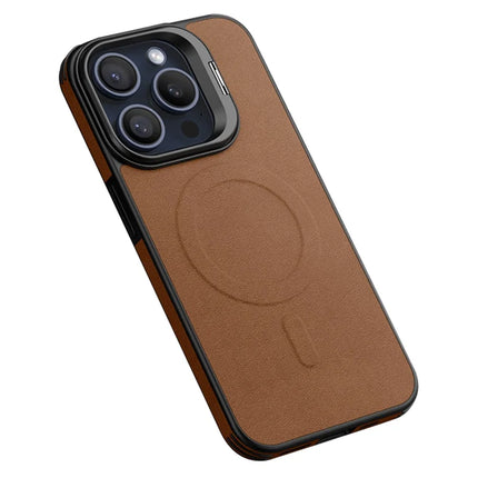For iPhone 16 Pro Max Magnetic Case with Lens Kickstand Leather Phone Back Cover - Brown