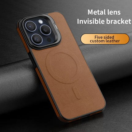 For iPhone 16 Pro Max Magnetic Case with Lens Kickstand Leather Phone Back Cover
