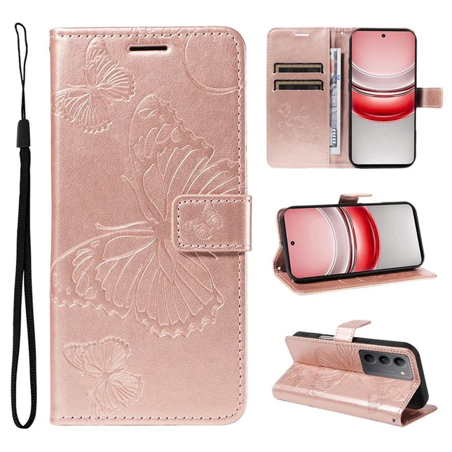 For Realme C75 Wallet Case Floral Butterfly Imprinted Leather Phone Cover Stand -  Rose Gold