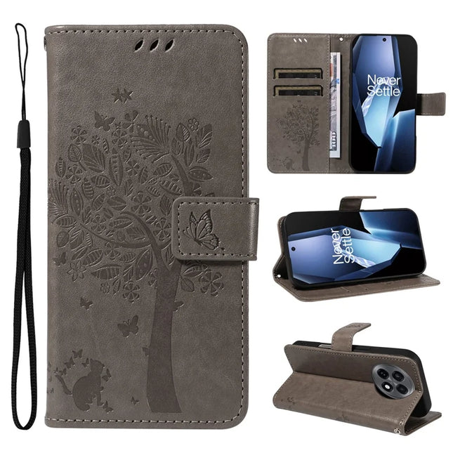 For OnePlus 13R 5G Leather Phone Case Cat Tree Pattern Design Wallet Cover Stand - Grey