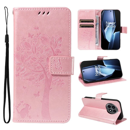 For OnePlus 13R 5G Leather Phone Case Cat Tree Pattern Design Wallet Cover Stand - Rose Gold