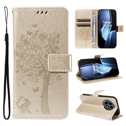 For OnePlus 13R 5G Leather Phone Case Cat Tree Pattern Design Wallet Cover Stand - Gold