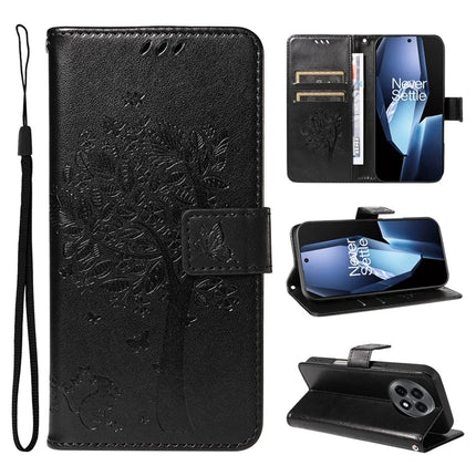 For OnePlus 13R 5G Leather Phone Case Cat Tree Pattern Design Wallet Cover Stand -  Black
